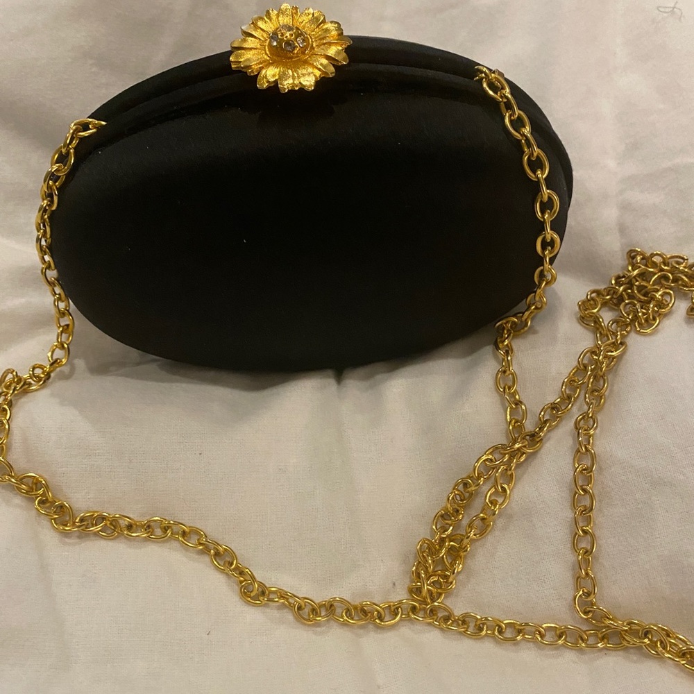Escada Hard Shell Evening Bag Black satin gold chain flower latch gold & crystal